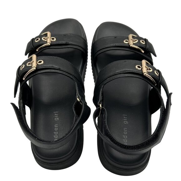 Madden Girl 9.5 Black Sprintt Sandals Gold Buckle Chunky Comfort Footbed Witchy - Picture 6 of 11